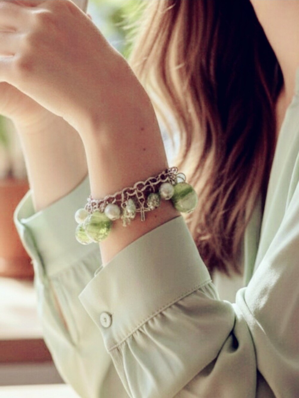 Lime Green Murano Glass With Cross Charms Bracelet